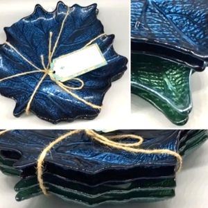 Akcam Turkish Glass Fall Leaf Salad Plate Set Teal Green Blue Set Of 4